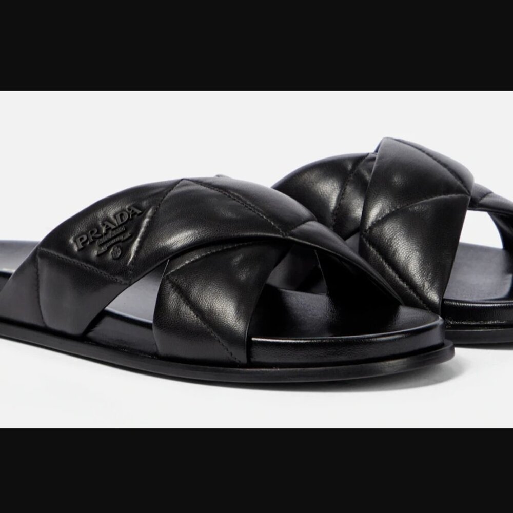 Prada - Quilted Crossband Nappa Leather Sandals - Black - Picture 4 of 7